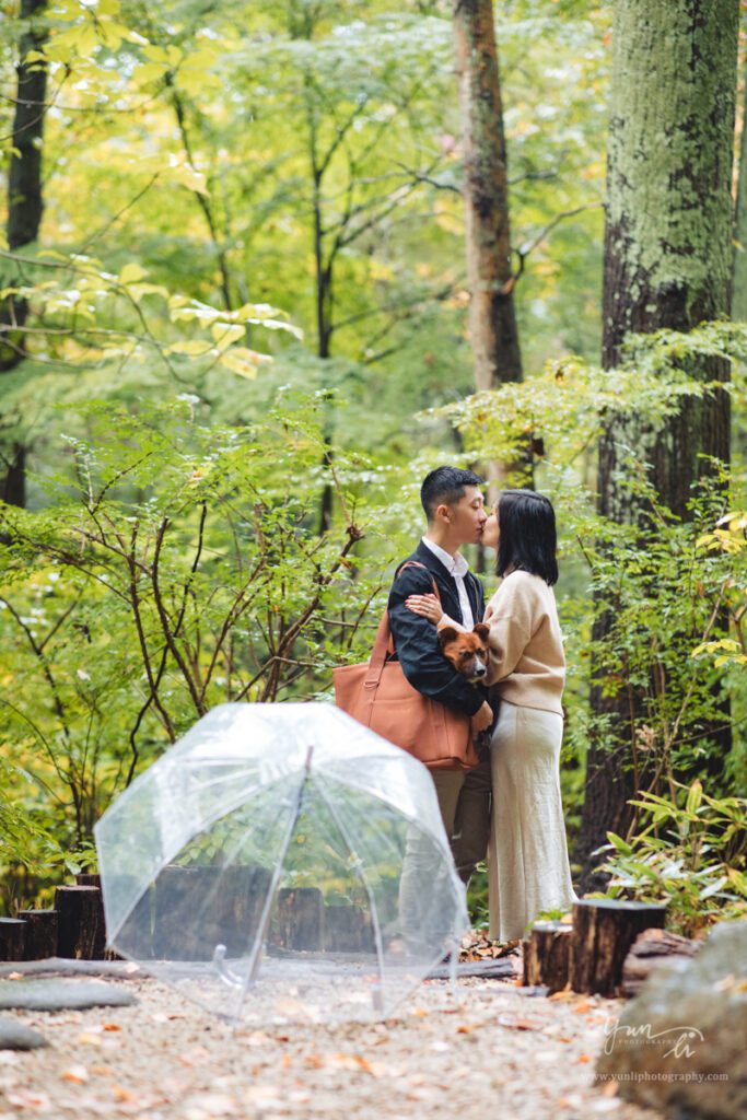 Surprise proposal engagement picture at John P. Humes Japanese Stroll Garden - Long island wedding photographer